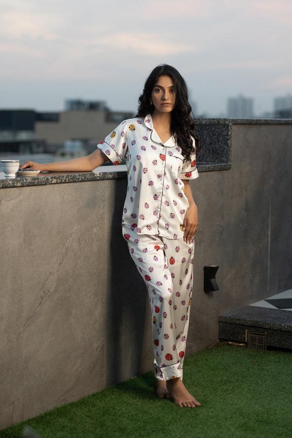 Private Lives Lady Bug Printed Satin Short Night Suit Set (Top Shorts & Pj)
