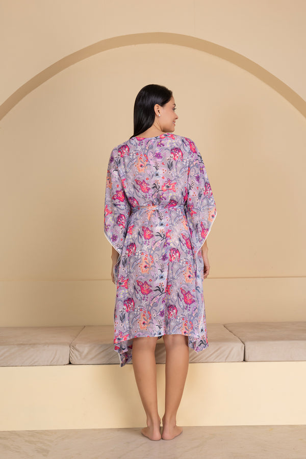 Private Lives Lavender Floral Printed Chiffon Kaftan