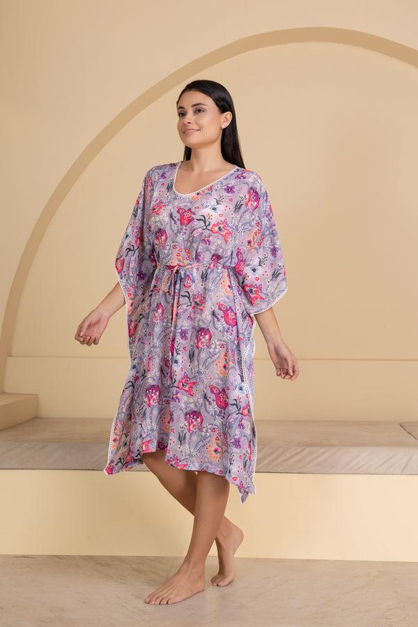 private lives Lavender Floral Printed Chiffon Kaftan
