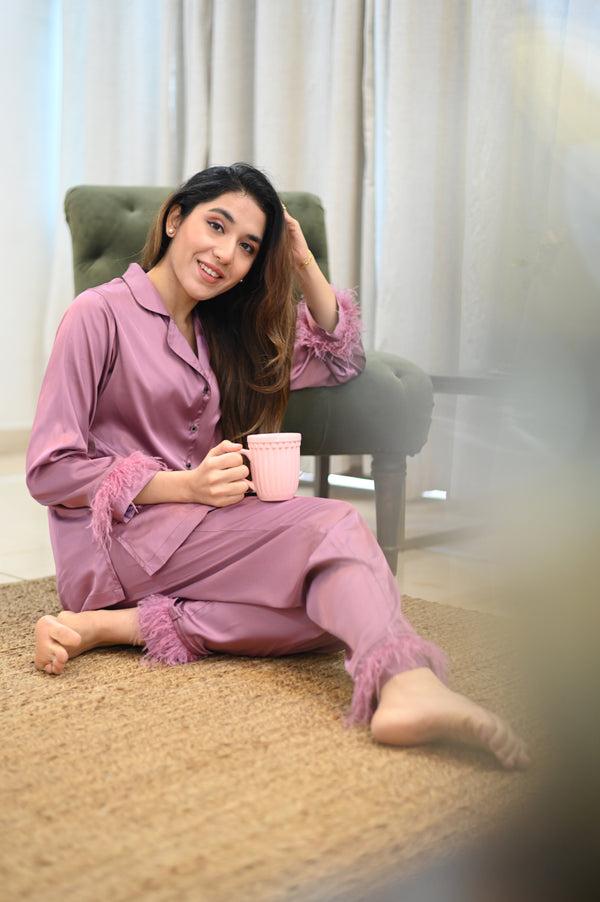 Private Lives Lavender Pj Set In Satin With Fur Detail