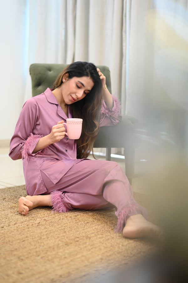 Private Lives Lavender Pj Set In Satin With Fur Detail