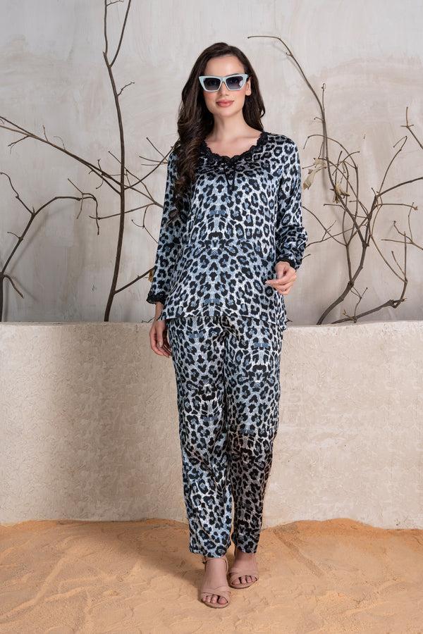 Private Lives Leopard Print Satin Pj Set With Lace Detail