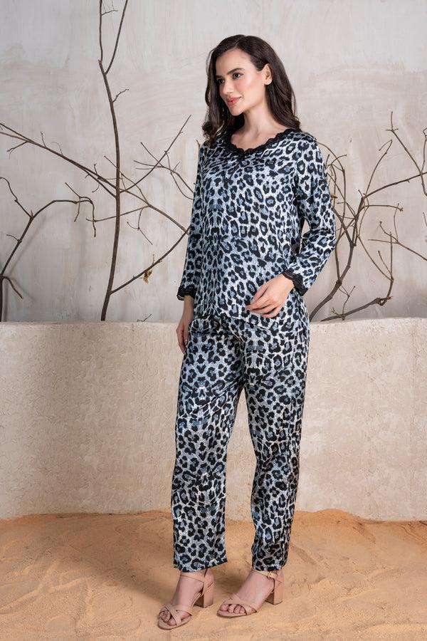 Private Lives Leopard Print Satin Pj Set With Lace Detail