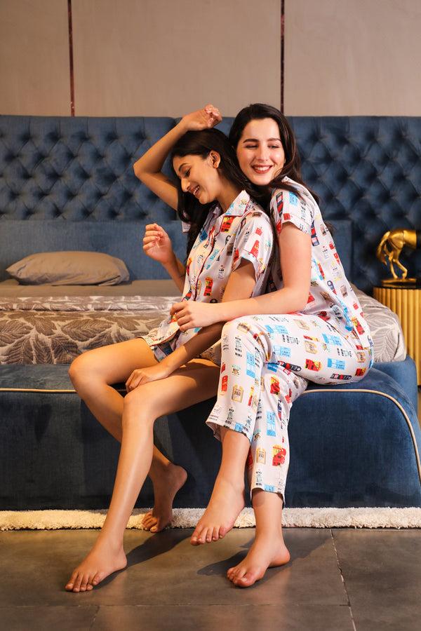 Private Lives London Print Satin Night Suit With Shorts