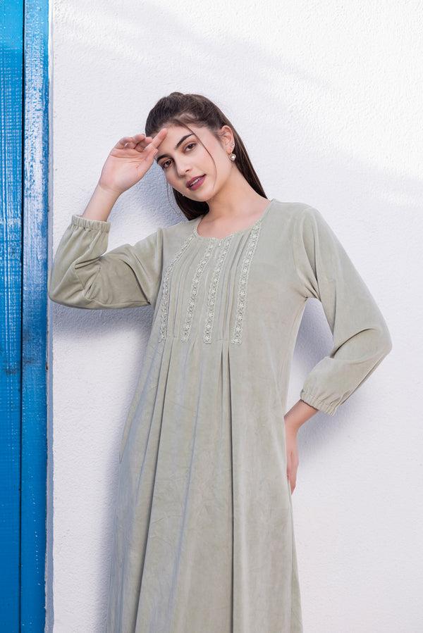 private lives Mint Green velvet Nighty with Lace detail