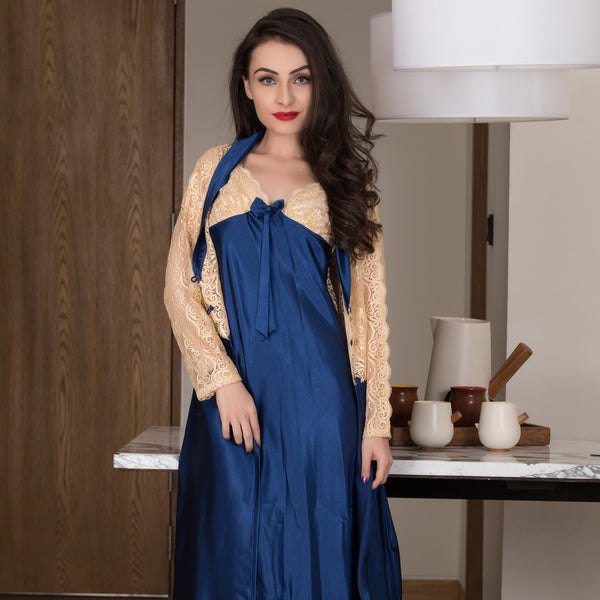 Private Lives Navy Blue Long Nighty & Robe Nightgown Set
