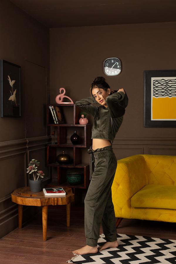 Private Lives Olive Velvet Crop Top Co-ord (With Owl Patch)