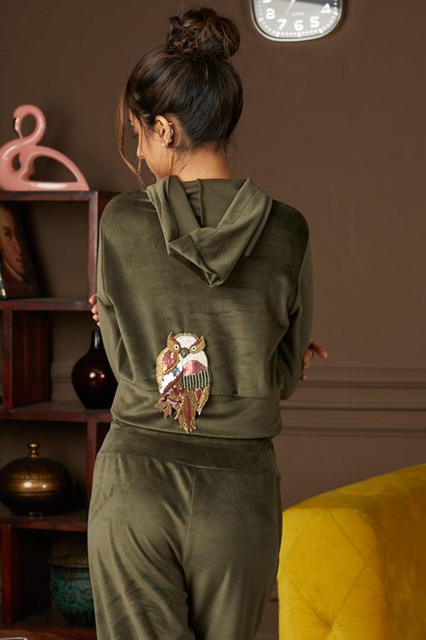 Private Lives Olive Velvet Crop Top Co-ord (With Owl Patch)