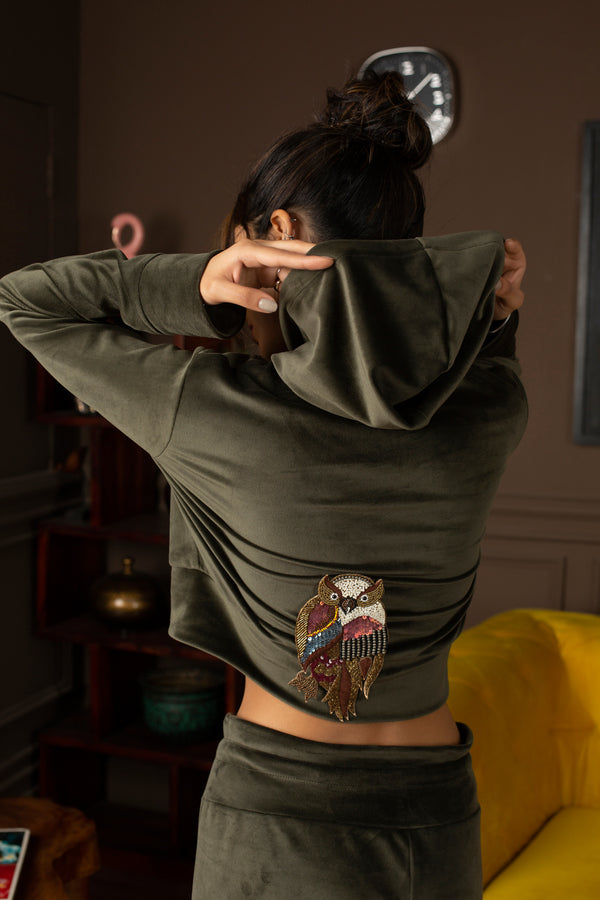 Private Lives Olive Velvet Crop Top Co-ord (With Owl Patch)