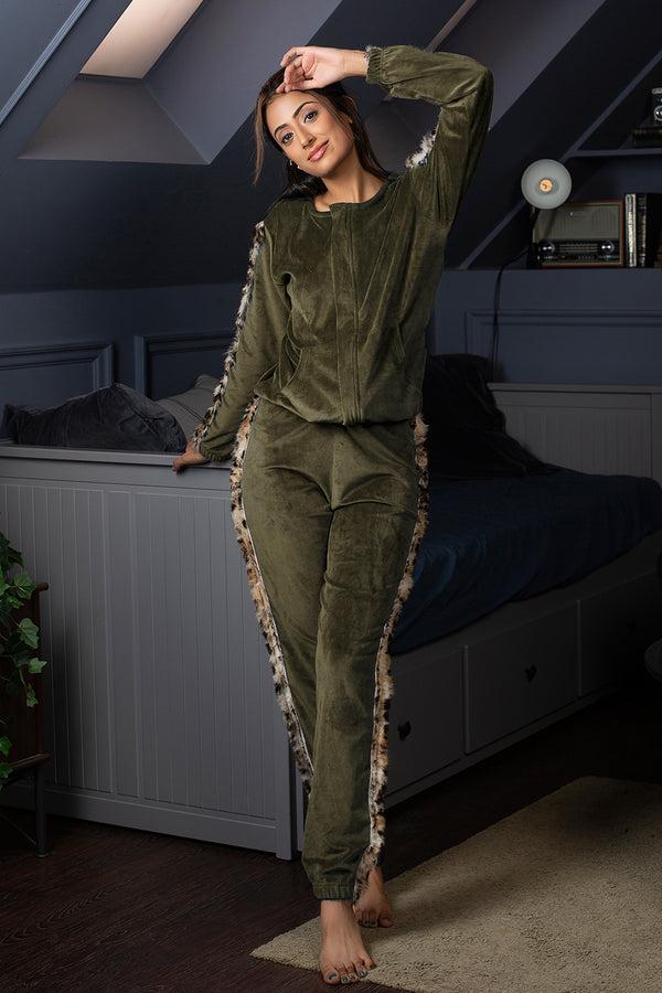 private lives Olive Velvet Track suit with Fur detail