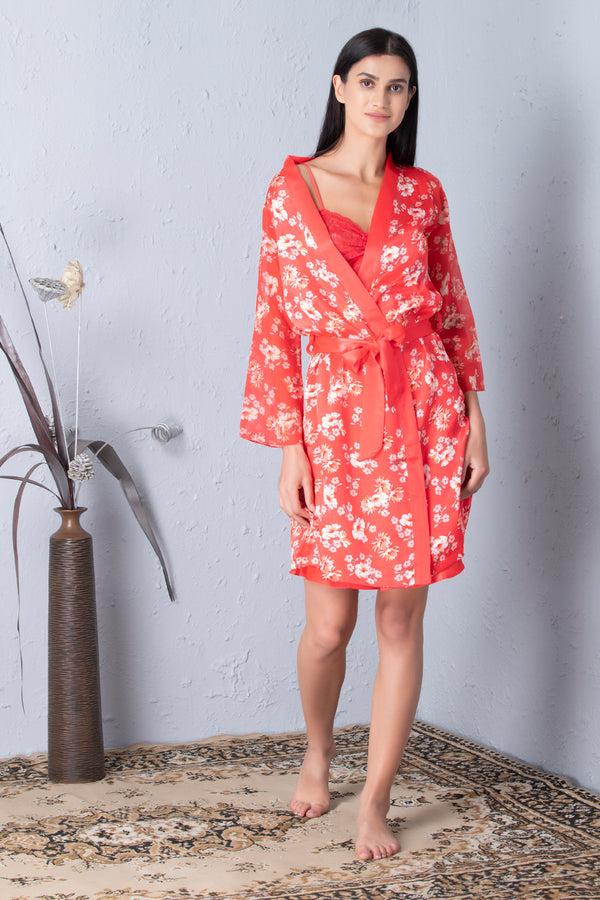 Private Lives Orange Printed Robe & Plain Nightgown Set