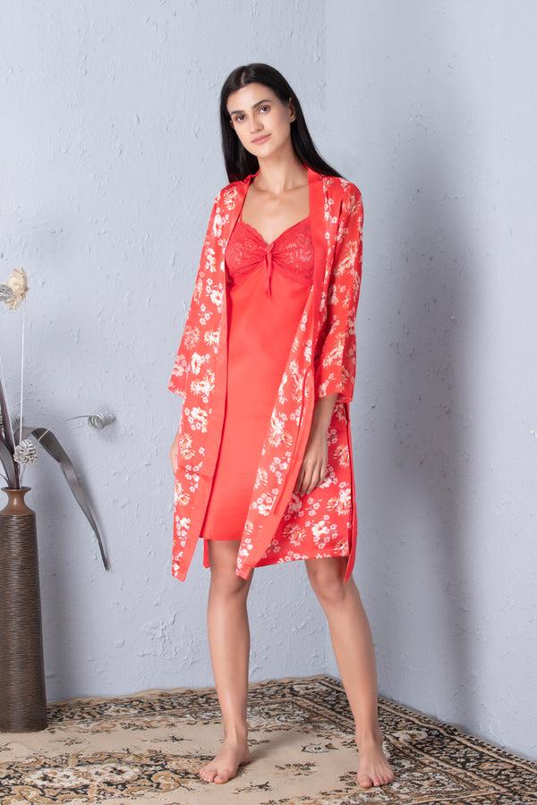 private lives Orange Printed Robe & Plain Nightgown Set