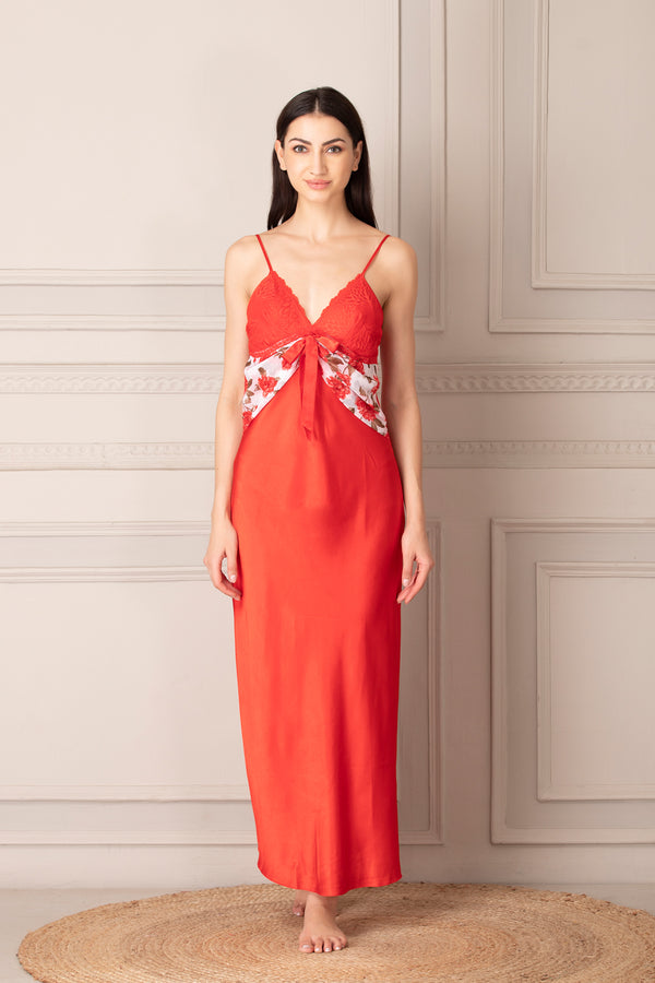 Private Lives Orange Printed Satin Long Nightgown Set