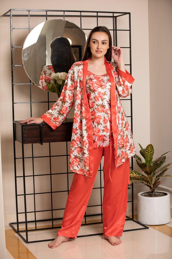 private lives Orange Printed Satin Night Suit with Robe