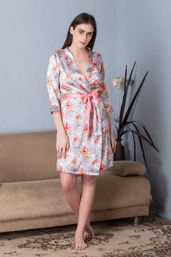 Private Lives Peach Floral Satin Short Nightgown Set