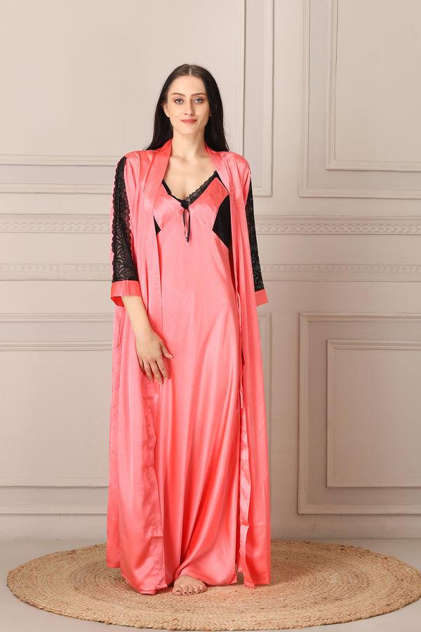 Private Lives Peach Long Nightgown Set In Plain Satin