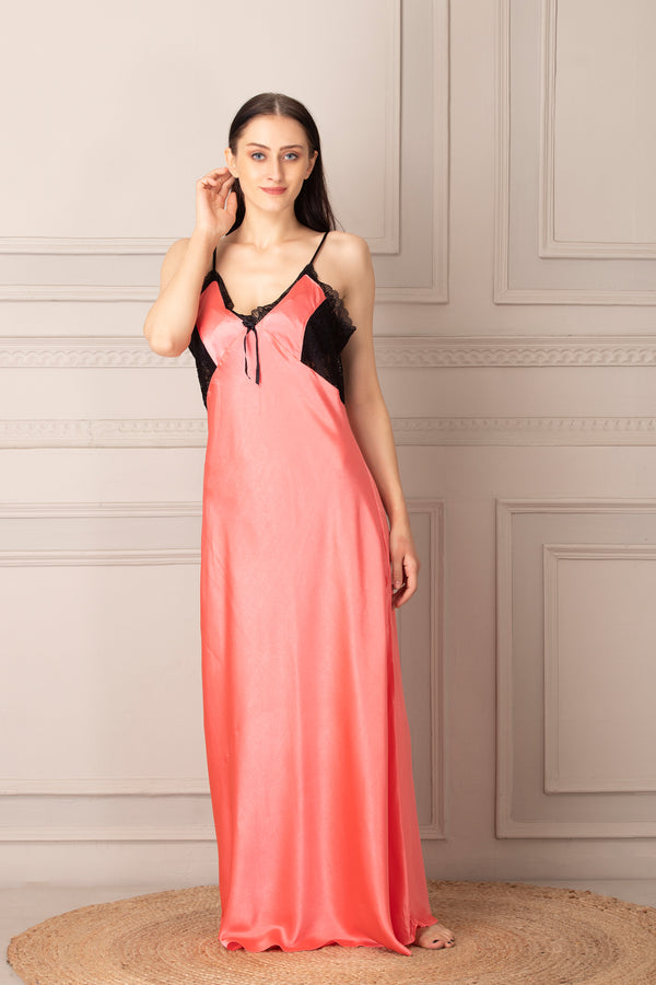 Private Lives Peach Long Nightgown Set In Plain Satin