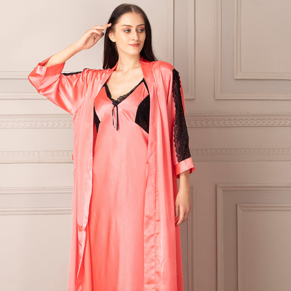 Private Lives Peach Long Nightgown Set In Plain Satin