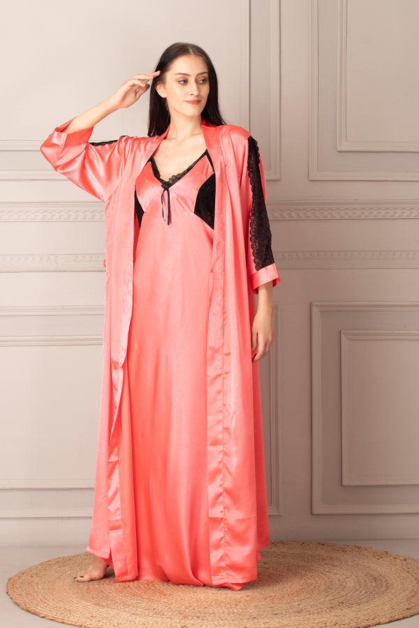 private lives Peach Long Nightgown set in Plain Satin
