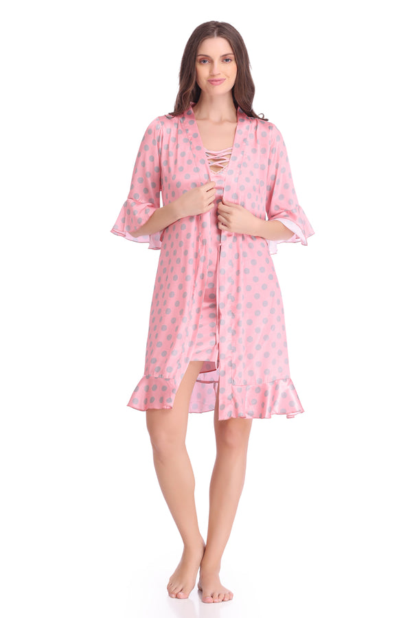 Private Lives Pink Polka Dot Printed Satin Nightgown Set