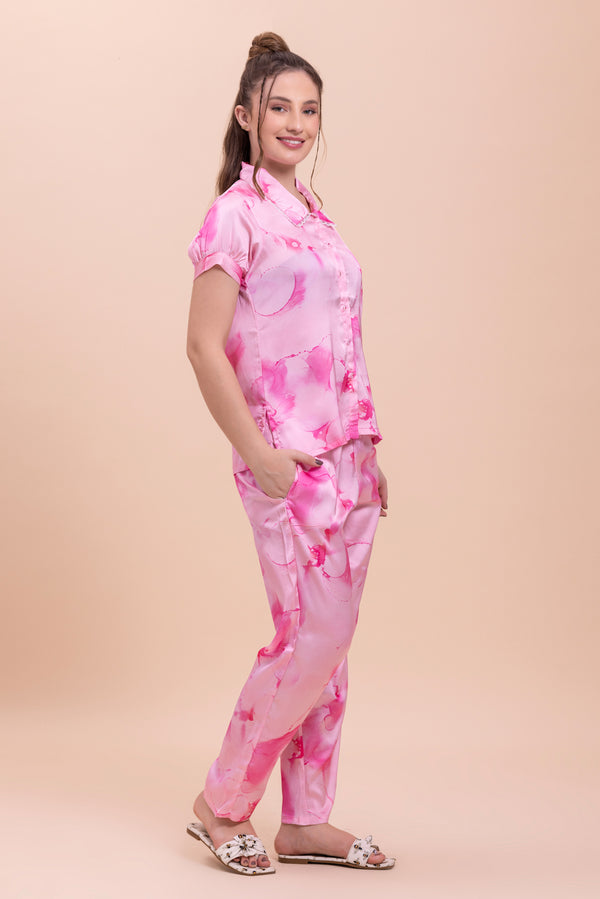 Private Lives Pink Satin Tye & Dye Pj Set With Elizabeth Collar
