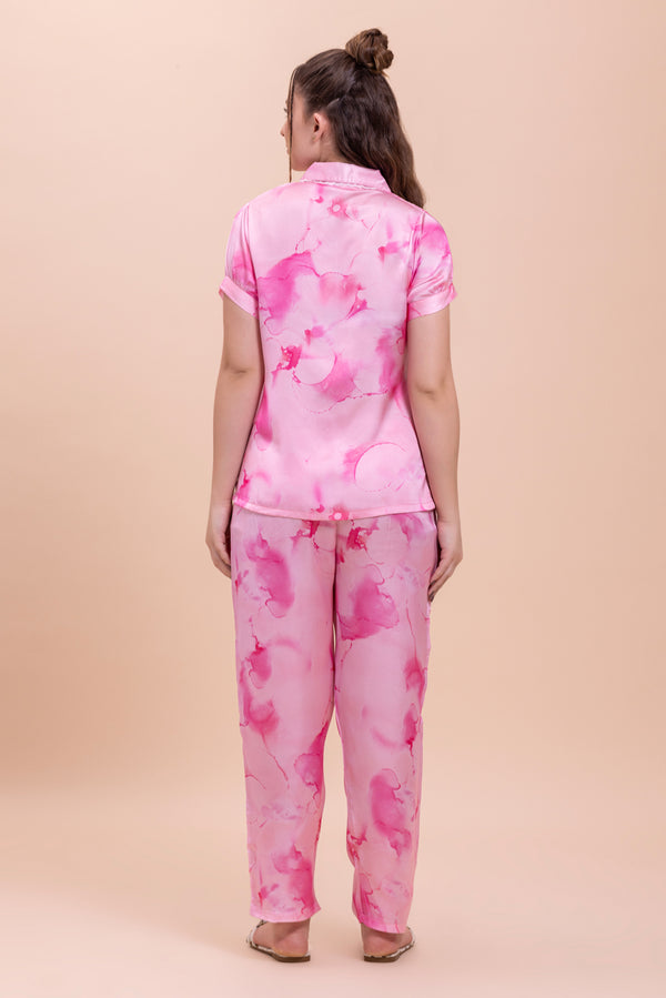 Private Lives Pink Satin Tye & Dye Pj Set With Elizabeth Collar