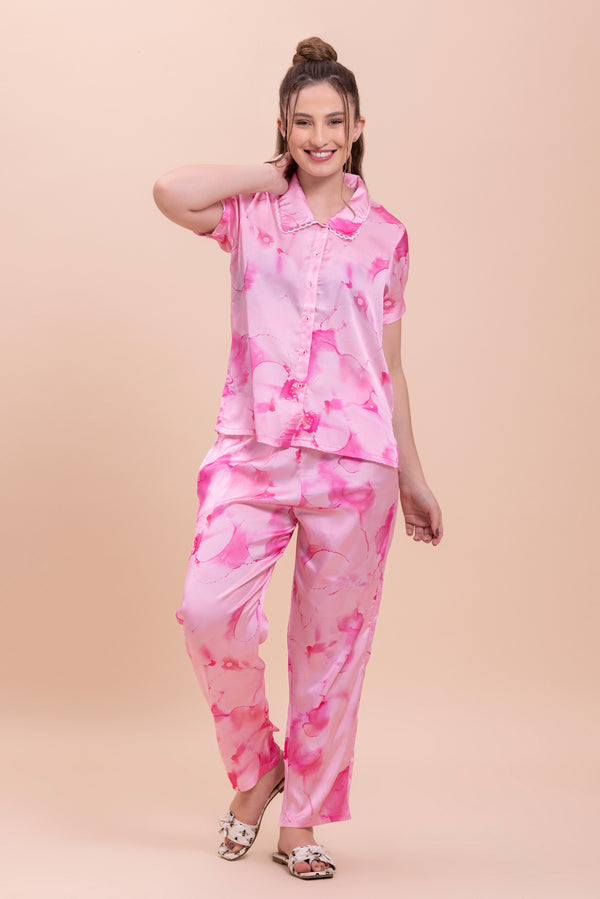 private lives Pink satin Tye & dye Pj set with Elizabeth collar