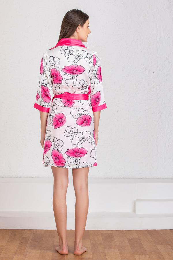 Private Lives Plain Satin Babydoll & Print Robe Nightgown Set Pink