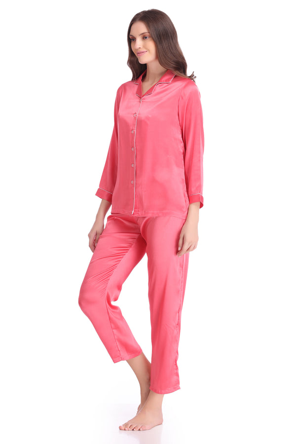 Private Lives Plain Satin Classic Collar Night Suit