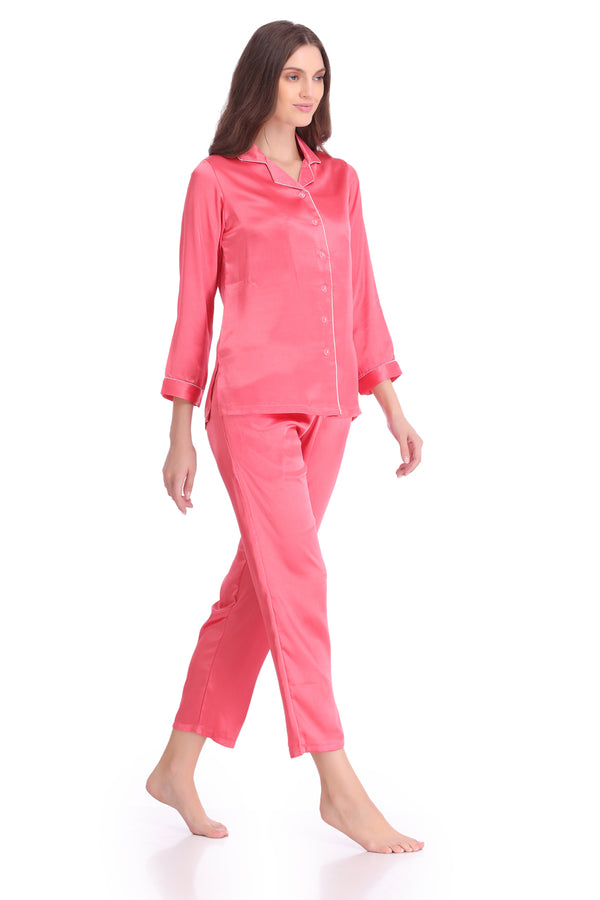 Private Lives Plain Satin Classic Collar Night Suit