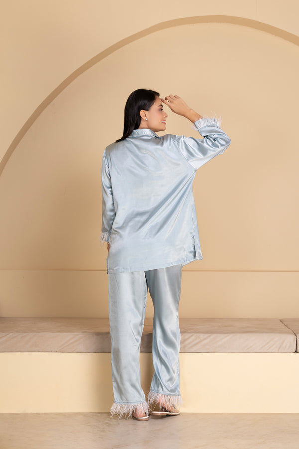 Private Lives Powder Blue Satin Night Suit Set With Feathers