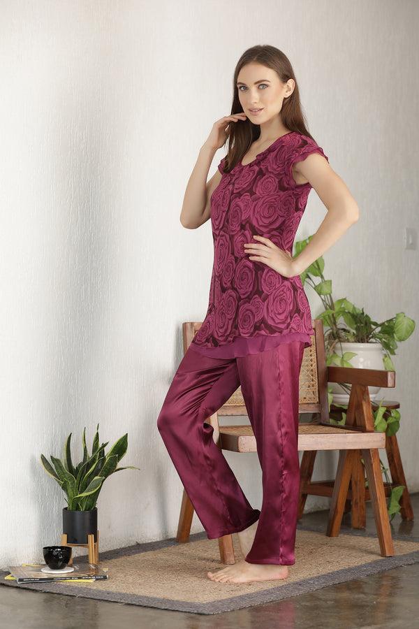 Private Lives Printed Chiffon Layered & Satin Night Suit