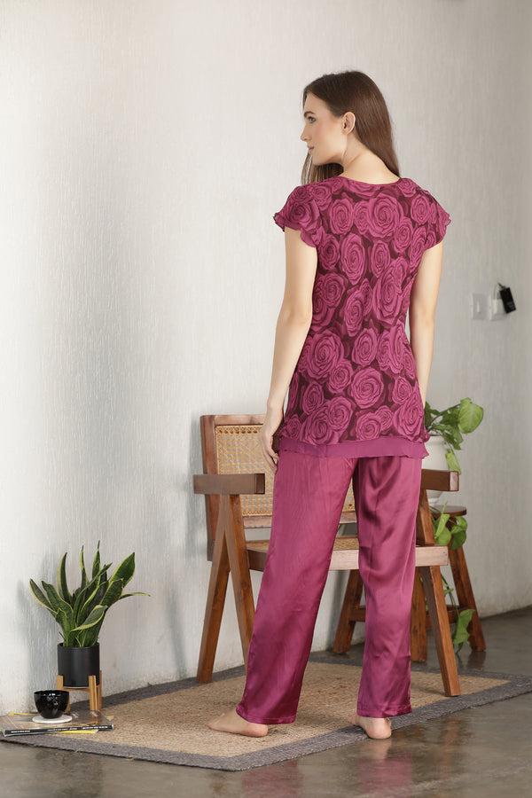 Private Lives Printed Chiffon Layered & Satin Night Suit