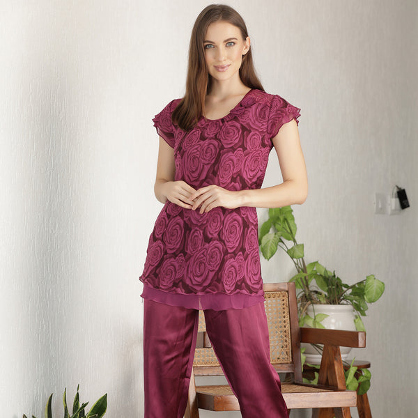 Private Lives Printed Chiffon Layered & Satin Night Suit