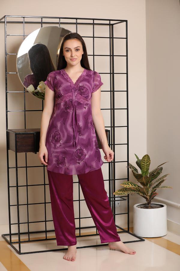 Private Lives Printed Chiffon Top & Satin PJ Night Suit
