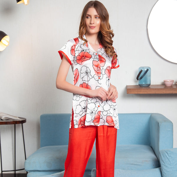 Private Lives Printed Satin Classic Collar Night Suit