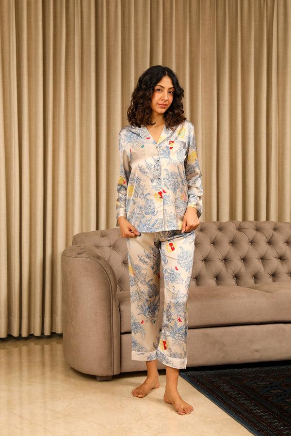 Private Lives Printed Satin Classic Collar Nightsuit