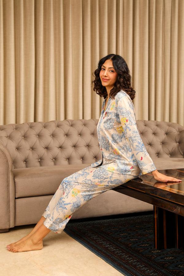 Private Lives Printed Satin Classic Collar Nightsuit