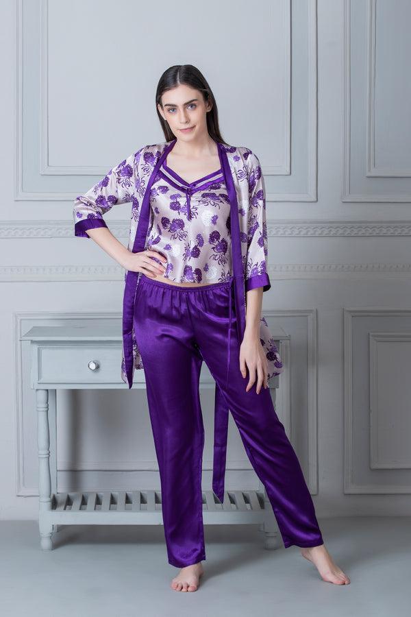 Private Lives Printed Satin Night Suit With Robe Blue