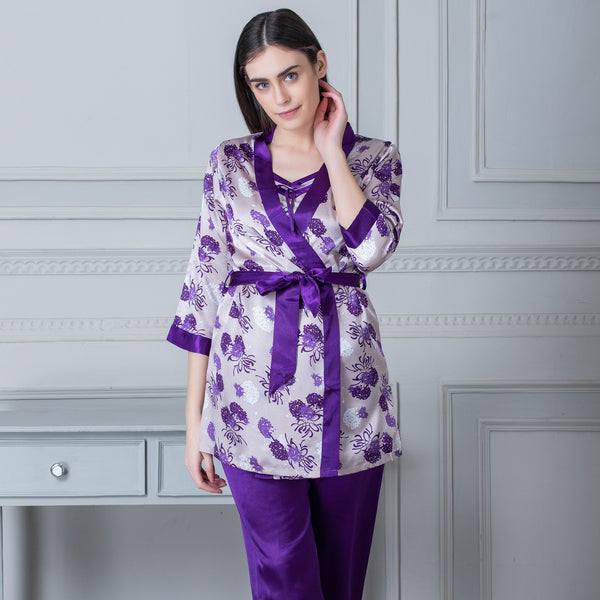 Private Lives Printed Satin Night Suit With Robe Blue