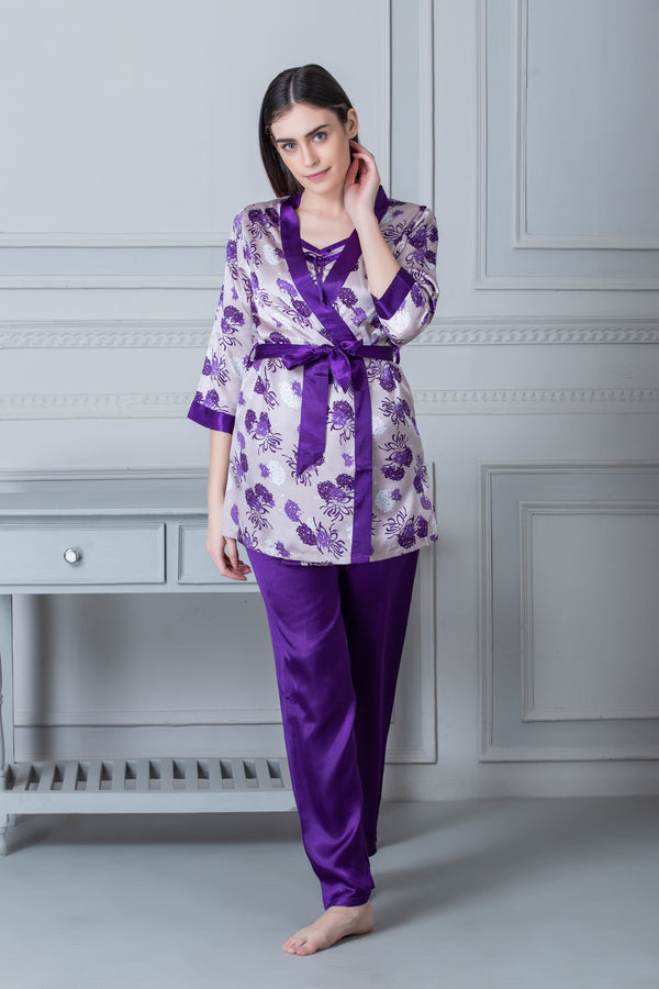 private lives Printed satin Night suit with Robe Blue