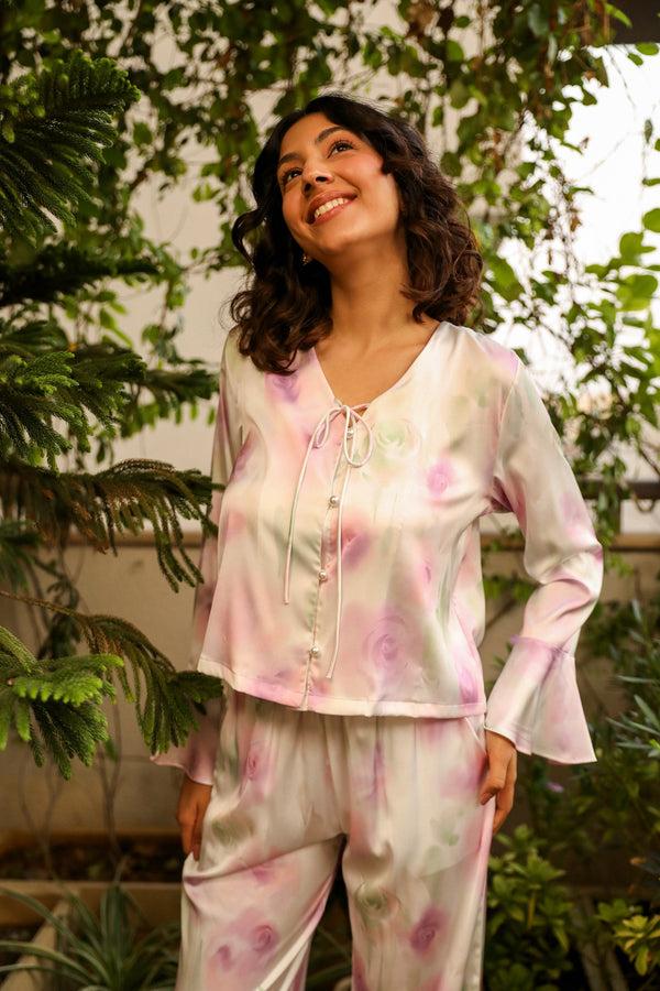 Private Lives Printed Satin Pj Set With Ruffle Sleeves
