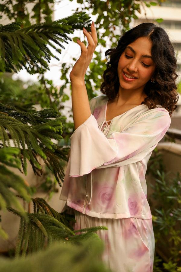 Private Lives Printed Satin Pj Set With Ruffle Sleeves