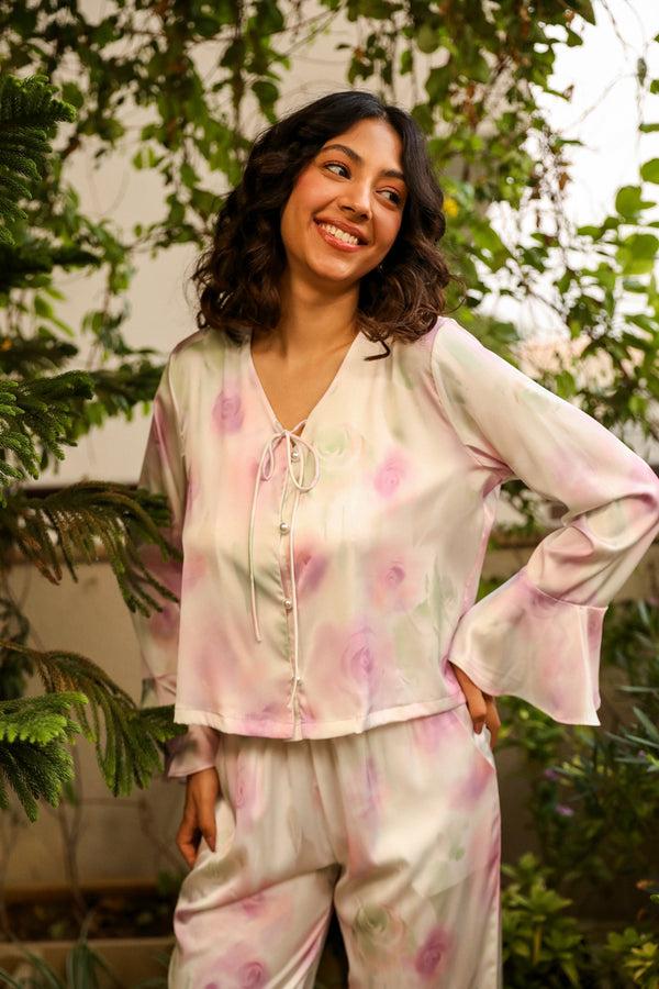 private lives Printed Satin Pj set with ruffle sleeves