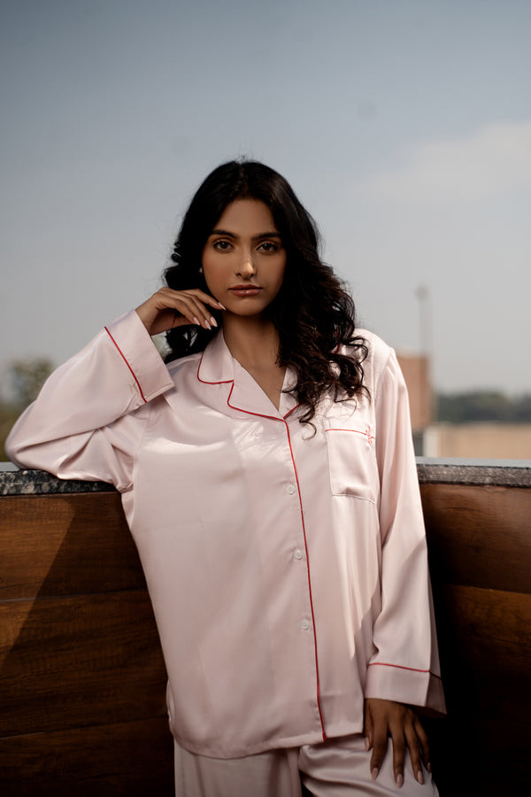 private lives Baby Pink Satin Night Suit Set