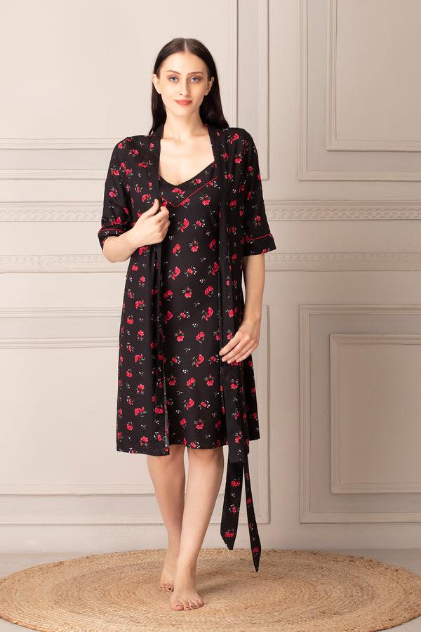 Private Lives Black Rayon Short Nightgown Set