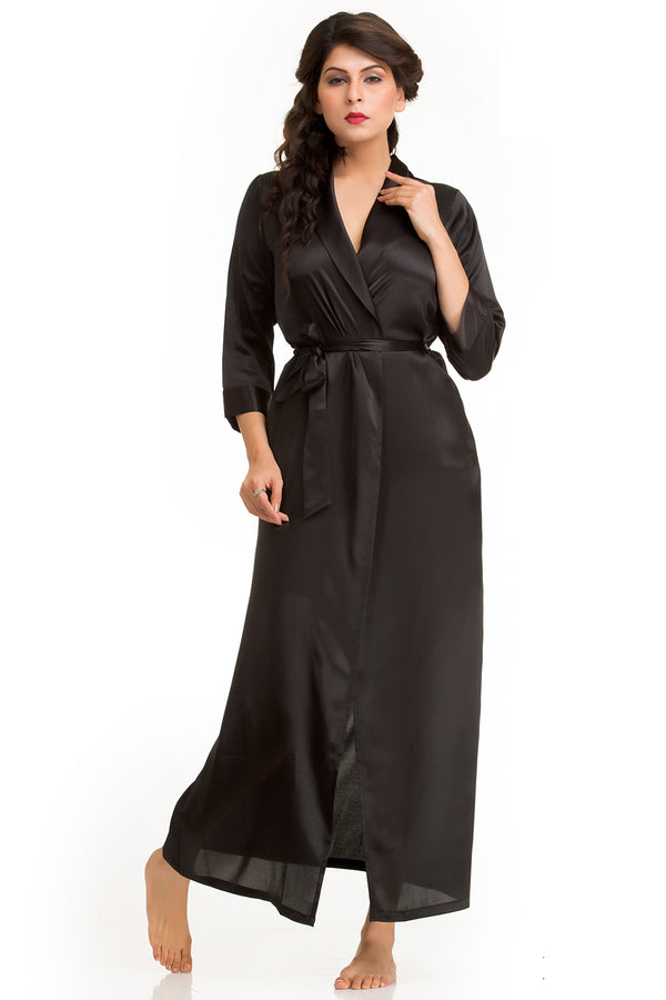 private lives Black Satin Full Length Robe Set