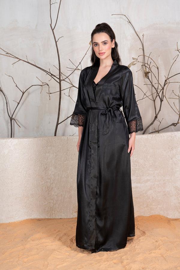 private lives Black Satin Long Nightgown Set