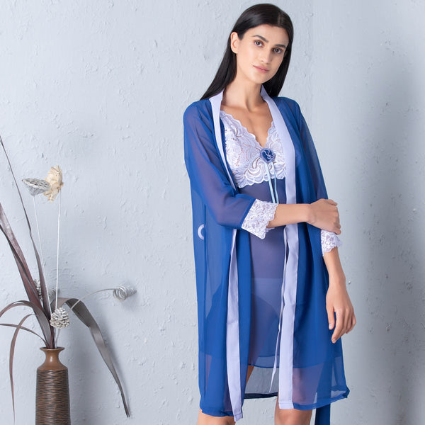 Private Lives Blue Chiffon Short Nightgown Set