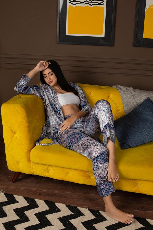 Private Lives Blue Satin Printed Co-Ord Set